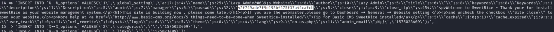 credentials in the SQL dump