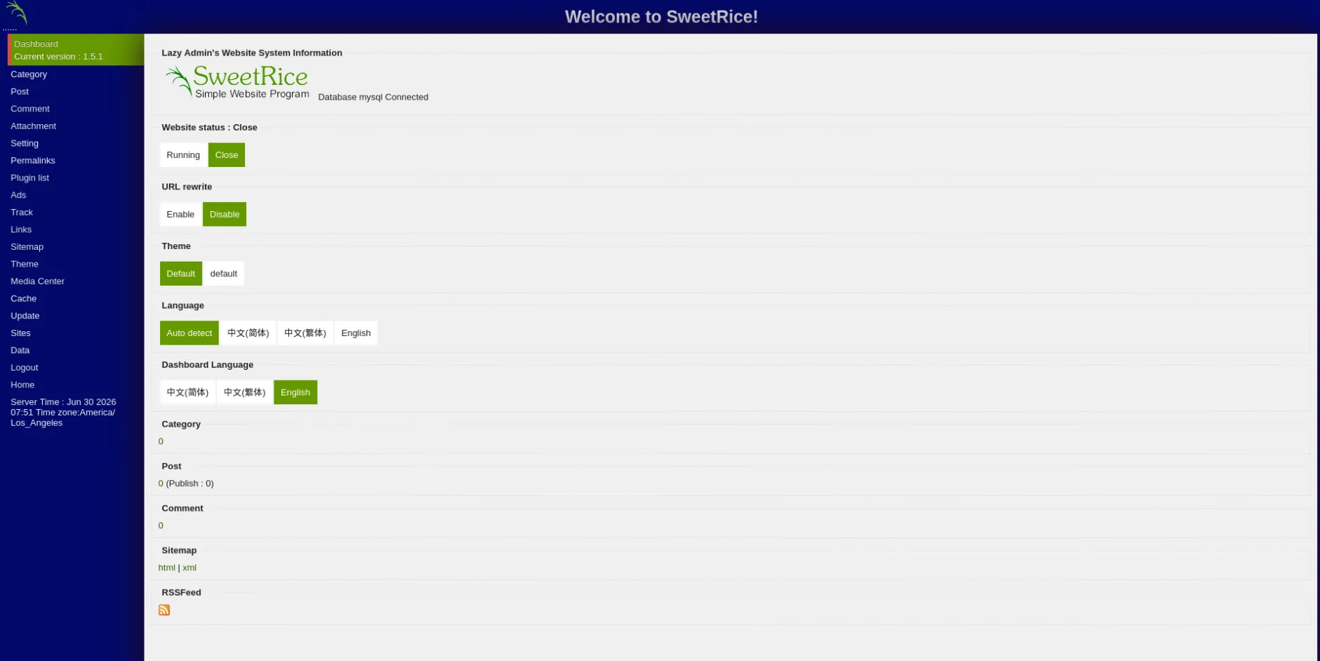 logged into SweetRice admin